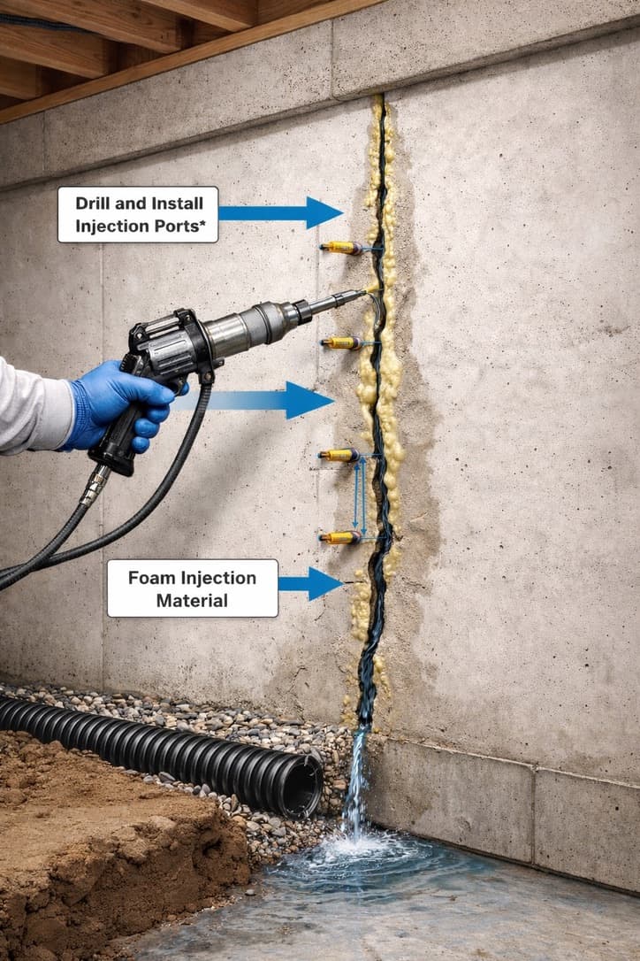 Polyurethane foam injection sealing a foundation crack from the inside