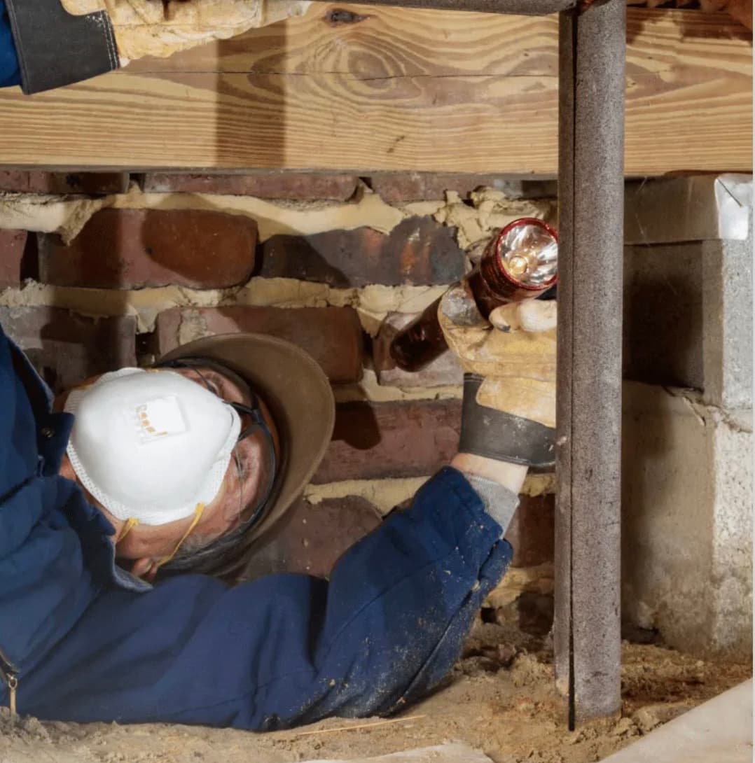 Quali-Dry technician inspecting a brick foundation under floor framing